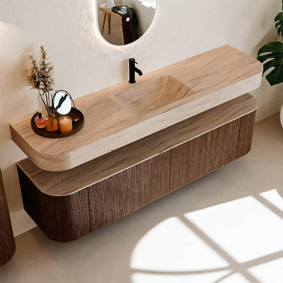 MONDIAZ THOR-DLUX 180cm meuble de salle de bains arrondi gauche + droite couleur Walnut avec 2 tiroirs et 2 portes. Vasque suspendue CLOUD Milieu 1 trou de robinet couleur Saba.