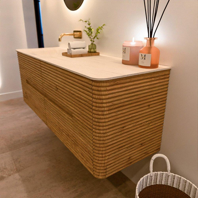 Mondiaz CIRO-DLUX Ensemble de meubles de salle de bains - 140x45x50cm - lavabo en résine minérale Meli - 1 vasque à gauche - sans trous de robinetterie - 4 tiroirs - Chêne