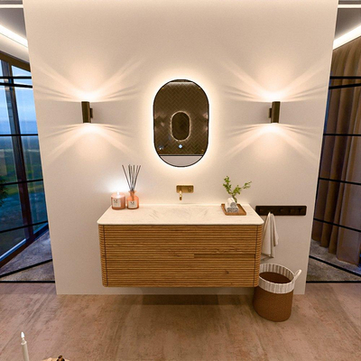 Mondiaz CIRO-DLUX Ensemble meuble de salle de bains - 120x45x50cm - Plan vasque solid surface Opalo - 1 vasque centrale - sans trous de robinet - 2 tiroirs - Chêne