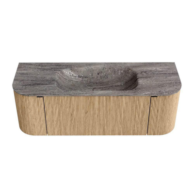 MONDIAZ KURVE-DLUX meuble de salle de bains 130cm arrondi Gauche + Droite couleur chêne avec 1 tiroir et 2 portes. Lavabo BIG SMALL Central sans trou de robinet Oza.