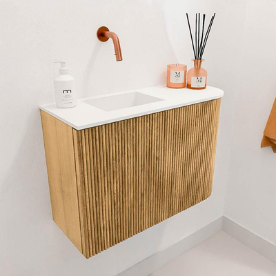 Mondiaz JOYA 61.6cm toiletmeubel - ronding rechts kleur Oak - Wastafel FAYE positie Links Zonder kraangat kleur Talc.