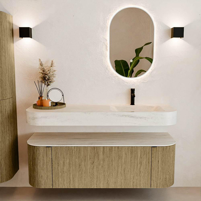 MONDIAZ THOR-DLUX 140cm meuble de salle de bains arrondi gauche + droite couleur Dusk avec 1 tiroir et 2 portes. Vasque suspendue CLOUD droite 1 trou de robinet couleur Meli.