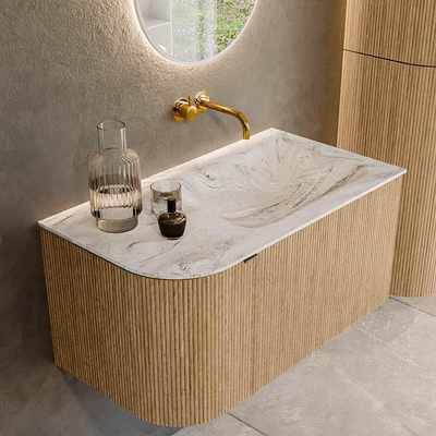 MONDIAZ KURVE-DLUX Meuble de salle de bains 85 cm avec module 25 L couleur Chêne avec 1 tiroir et 1 porte. Vasque CLOUD à droite sans trou de robinet couleur Glace.