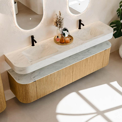 MONDIAZ THOR-DLUX Meuble de salle de bains 190cm arrondi gauche + droite couleur Oak avec 2 tiroirs et 2 portes. Vasque suspendue CLOUD Double 2 trous de robinet couleur Opalo.