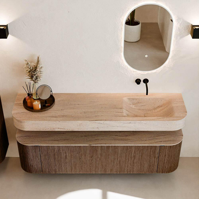 MONDIAZ THOR-DLUX 170cm badmeubel ronding links + rechts kleur Walnut met 1 lade en 2 deuren. Vrijhangende wastafel CLOUD Rechts zonder kraangat kleur Saba.