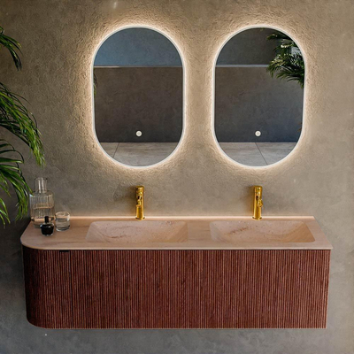 MONDIAZ KURVE-DLUX Meuble de salle de bains 145cm arrondi à gauche couleur Ruby avec 1 tiroir et 1 porte. Lavabo LEAF Double / à droite 2 trous de robinet Saba.