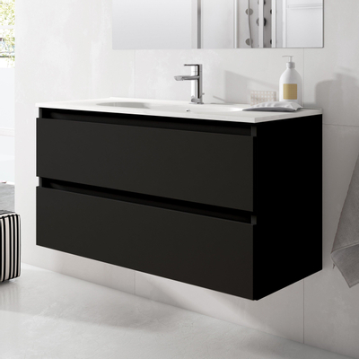 Saniclass Chaci Meuble de salle de bain - 100x45x55cm - lavabo en céramique brillant blanc - 1 vasque - 1 trou de robinet - 2 tiroirs - noir mat