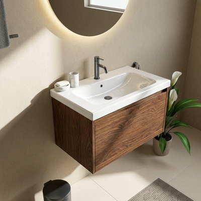 Saniclass Holz Frame Ensemble meuble de salle de bains - 80x45x43.5cm - lavabo en céramique Palermo blanc - 1 vasque - 1 trou de robinet - 1 tiroir - noyer pur mat (bois)