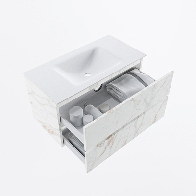 Mondiaz VICA Ensemble de meuble de salle de bain - 90cm - meuble sous-vasque carrara - 2 tiroirs - lavabo cloud milieu - 1 trou de robinet - version haute de 60cm - talc