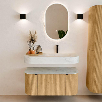 MONDIAZ THOR-DLUX 100cm badmeubel ronding links + rechts kleur Oak met 1 lade en 2 deuren. Vrijhangende wastafel CLOUD Rechts 1 kraangat kleur Opalo.