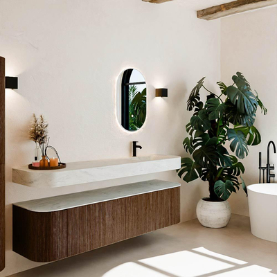 MONDIAZ THOR-DLUX 180cm meuble de salle de bains arrondi gauche + droite couleur Walnut avec 2 tiroirs et 2 portes. Vasque suspendue CLOUD Droite 1 trou de robinet couleur Opalo.