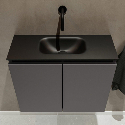 MONDIAZ TURE Fonteinset - 60x23x50cm - 0 kraangaten - 2 deuren - darkgrey mat - Wasbak midden - Solid Surface Zwart