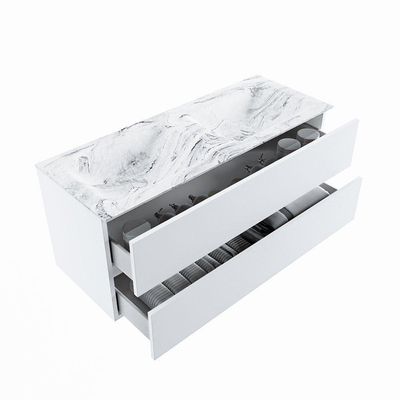 Mondiaz VICA-DLUX ensemble de meuble de salle de bain - 120cm - meuble sous lavabo talc - 2 tiroirs - lavabo encastré cloud double - 2 trous de robinet - version haute de 60cm - glace