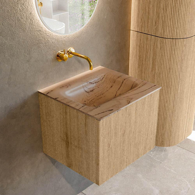 MONDIAZ KURVE-DLUX 50cm badmeubel kleur Oak met 1 lade en 0 deuren. Wastafel GRUNNE Midden zonder kraangat Arena.