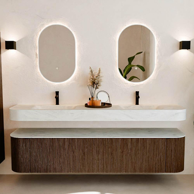 MONDIAZ THOR-DLUX 200cm meuble de salle de bains arrondi gauche + droite couleur Walnut avec 2 tiroirs et 2 portes. Vasque suspendue CLOUD Double 2 trous de robinet couleur Opalo.