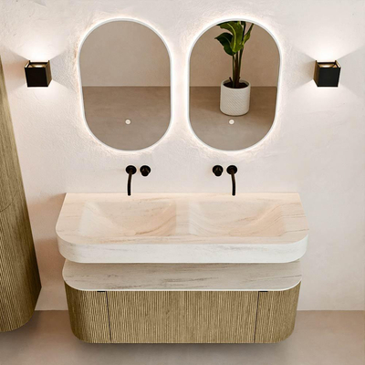 MONDIAZ THOR-DLUX 130cm meuble de salle de bains arrondi gauche + droite couleur Dusk avec 1 tiroir et 2 portes. Vasque suspendue CLOUD Double sans trou de robinet couleur Meli.