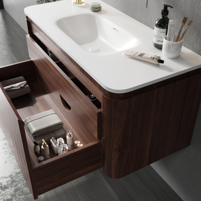 Saniclass Terra Wastafelonderkast - 100cm - 2 lades - solid surface wastafel - 1 wasbak - zonder kraangaten - afgeronde hoeken - kastanje (walnoot)