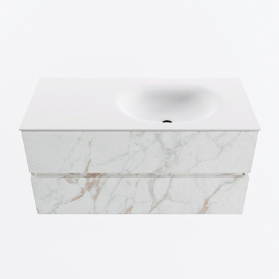 Mondiaz VICA Ensemble de meuble de salle de bain - 100cm - meuble sous-vasque carrara - 2 tiroirs - lavabo moon droite - sans trous de robinet - version haute de 60cm - talc