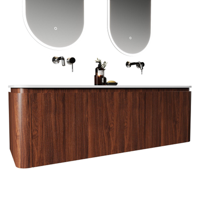 Saniclass Terra Meuble sous lavabo - 140cm - 4 tiroirs - lavabo solid surface - 2 vasques - sans trous de robinet - coins arrondis - châtaignier (noyer)