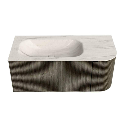 MONDIAZ KURVE-DLUX Meuble de salle de bains 105cm arrondi à droite couleur Shadow avec 1 tiroir et 1 porte. Lavabo BIG SMALL gauche 1 trou de robinet Meli.