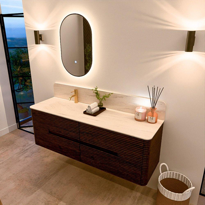 Mondiaz CIRO-DLUX Badkamermeubelset - 150x45x50cm - Solid surface wastafel Meli - 1 wasbak Links - 1 kraangat - 4 lades - Walnut