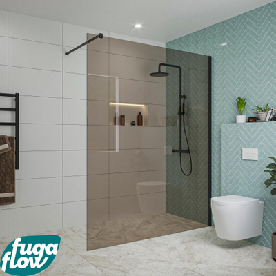 FugaFlow Eccelente Vetro douche à l'italienne salle de bain - 160x200cm - verre fumé - bras mural - noir mat