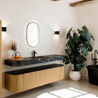 MONDIAZ THOR-DLUX 180cm meuble de salle de bains arrondi gauche + droite couleur Oak avec 2 tiroirs et 2 portes. Vasque suspendue CLOUD Milieu 1 trou de robinet couleur Lava.