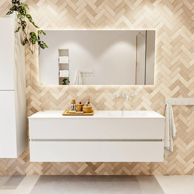 MONDIAZ VICA meuble sous lavabo 150cm Talc 2 tiroirs. Lavabo CLOUD droit sans trou de robinet, couleur Talc.