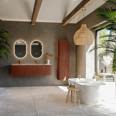 MONDIAZ KURVE-DLUX Meuble de salle de bains 155cm arrondi à droite couleur Ruby avec 2 tiroirs et 1 porte. Lavabo LEAF Double / Gauche 2 trous de robinet Saba.