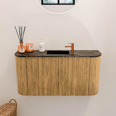 Mondiaz JOYA-DLUX 83.2cm toiletmeubel - ronding links en rechts kleur Oak - Wastafel FAYE positie Midden 1 kraangat kleur Lava.