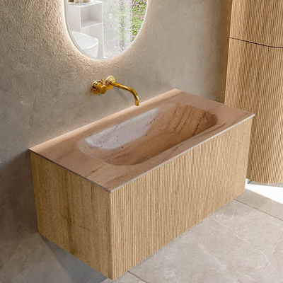 MONDIAZ KURVE-DLUX Meuble de salle de bains 90cm couleur Oak avec 1 tiroir et 0 porte. Lavabo BIG SMALL Central sans trou de robinet Saba.