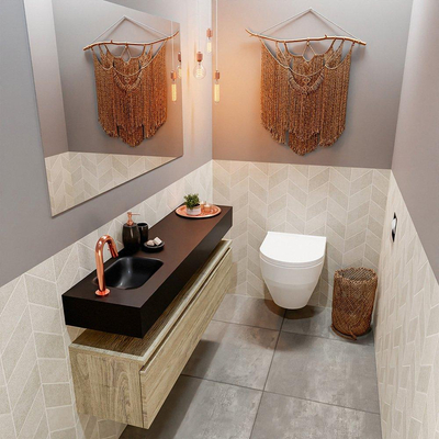 MONDIAZ ANDOR Toiletmeubel 120x30x30cm met 1 kraangaten 1 lades light brown grey mat Wastafel Lex links Solid Surface Zwart