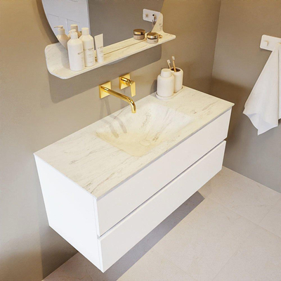 Mondiaz VICA-DLUX ensemble de meuble de salle de bain - 110cm - meuble sous lavabo talc - 2 tiroirs - lavabo encastré cloud milieu - sans trous de robinet - version haute de 60cm - opalo