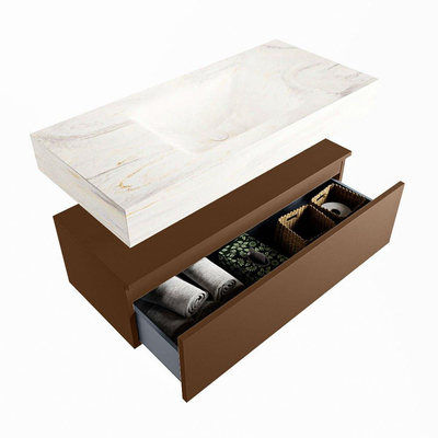 Mondiaz ALAN-DLUX Ensemble de meuble - 100cm - meuble Rust mat - 1 tiroir - Lavabo Cloud Ostra suspendu - vasque Centre - 1 trou de robinet