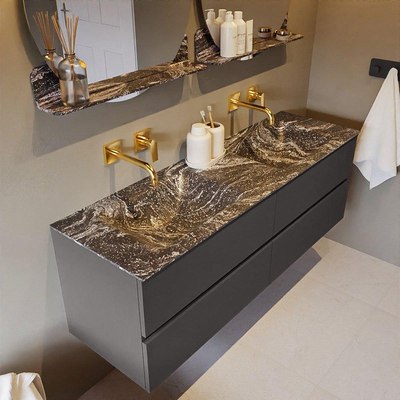 Mondiaz VICA-DLUX ensemble de meuble de salle de bain - 150cm - meuble sous-vasque gris foncé - 4 tiroirs - lavabo encastré cloud double - sans trous de robinet - miroir modèle spot - version XL 60cm de haut - lave