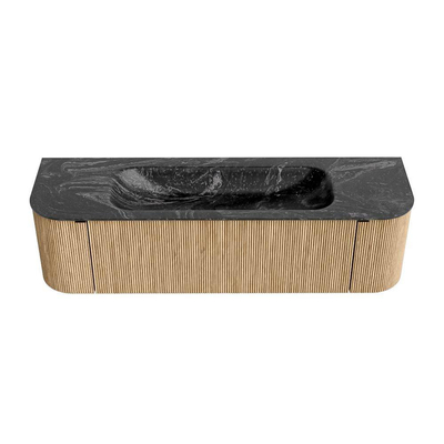 MONDIAZ KURVE-DLUX meuble de salle de bains 160 cm avec module 25 Len R couleur Chêne avec 1 tiroir et 2 portes. Lavabo BIG MEDIUM au milieu sans trou de robinet couleur Lava.