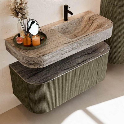 MONDIAZ THOR-DLUX Meuble de salle de bains 110cm arrondi gauche + droite couleur Shadow avec 1 tiroir et 2 portes. Vasque suspendue CLOUD Droite 1 trou de robinet couleur Oza.