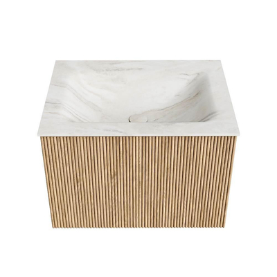 MONDIAZ KURVE-DLUX Meuble de salle de bains 60 cm couleur Oak avec 1 tiroir. Lavabo CLOUD central sans trou de robinet couleur Ostra.