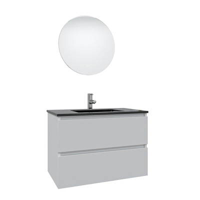 Saniclass Chaci Ensemble meuble de salle de bains - 80x46x55cm - lavabo céramique noir - 1 vasque - 1 trou de robinet - 2 tiroirs - miroir rond avec éclairage - blanc mat