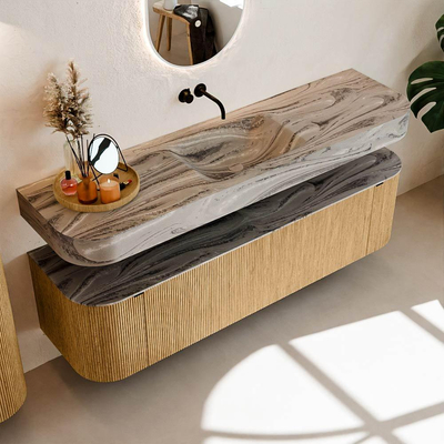 MONDIAZ THOR-DLUX 170cm badmeubel ronding links + rechts kleur Oak met 1 lade en 2 deuren. Vrijhangende wastafel CLOUD Midden zonder kraangat kleur Sombra.