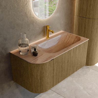 MONDIAZ KURVE-DLUX Meuble de salle de bains 95cm arrondi à gauche couleur Dusk avec 1 tiroir et 1 porte. Lavabo BIG SMALL à droite 1 trou de robinet Saba.