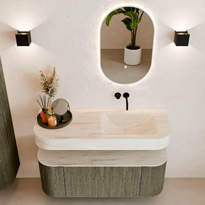 MONDIAZ THOR-DLUX 120cm meuble de salle de bains arrondi gauche + droite couleur Shadow avec 1 tiroir et 2 portes. Vasque suspendue CLOUD Droite sans trou de robinet couleur Meli.