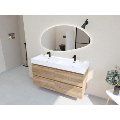 HR Infinity XXL ensemble de meubles de salle de bain 3d 140 cm 2 vasques en céramique kube blanc 2 trous de robinet 4 tiroirs chêne français