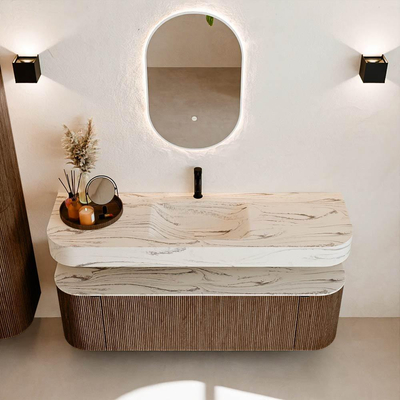 MONDIAZ THOR-DLUX 150cm meuble de salle de bains arrondi gauche + droite couleur Walnut avec 1 tiroir et 2 portes. Vasque suspendue CLOUD Milieu 1 trou de robinet couleur Nata.