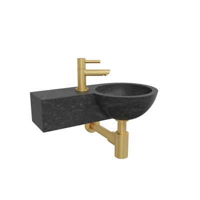 Wiesbaden B-stone fonteinset – rond – 40x23x10 cm – hardsteen zwart – kraangat links – geborsteld gouden kraan