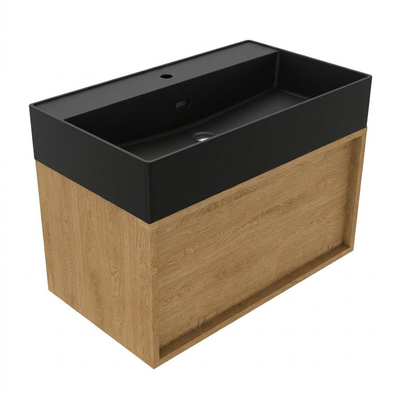 Saniclass Holz Frame Badkamermeubelset - 80x45x52cm - Legend keramische wastafel mat zwart - 1 wasbak - 1 kraangat - 1 lade - mat eiken natural (hout)