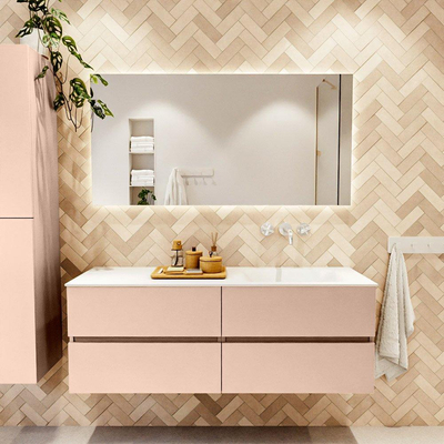 MONDIAZ VICA Ensemble meuble de salle de bains - 140cm - meuble bas rosee - 4 tiroirs - lavabo cloud à droite - sans trous de robinet - version haute 60cm - talc