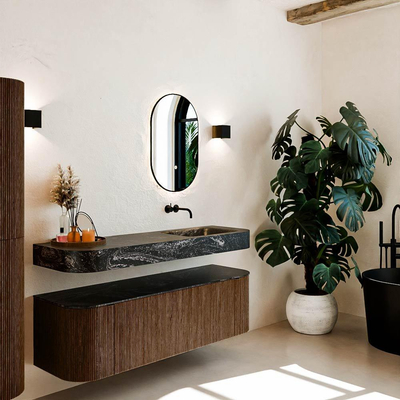 MONDIAZ THOR-DLUX 150cm meuble de salle de bains arrondi gauche + droite couleur Walnut avec 1 tiroir et 2 portes. Vasque suspendue CLOUD droite sans trou de robinet couleur Lava.