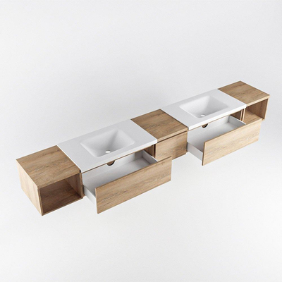 MONDIAZ BUKLA 280cm ensemble de meuble avec module ouvert 40 L+R couleur Chêne blanchi avec 3 tiroirs. Lavabo CLOUD double 2 trous de robinet couleur Talc.