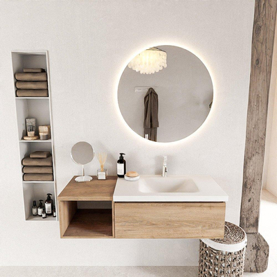 MONDIAZ BUKLA 120cm badmeubel met open module 40 kleur Washed Oak met 1 lade. Wastafel CLOUD rechts 1 kraangat kleur Talc.